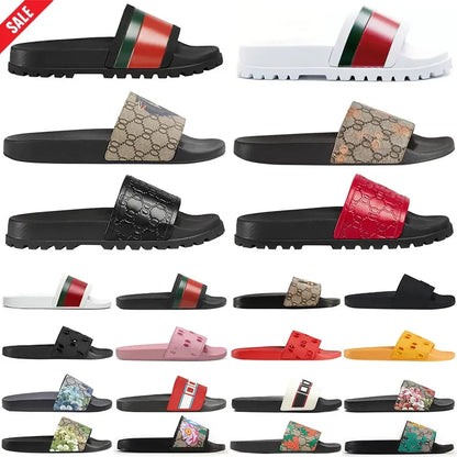 Designer Slippers Fashion Flat Slides Mens Womens claquettes Rubber Slide Sandal Black White Blooms Floral Flat Gear sole Luxury