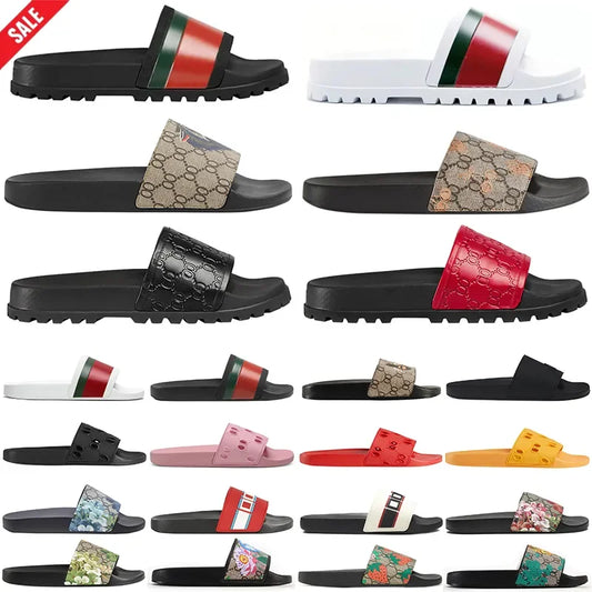 Designer Slippers Fashion Flat Slides Mens Womens claquettes Rubber Slide Sandal Black White Blooms Floral Flat Gear sole Luxury